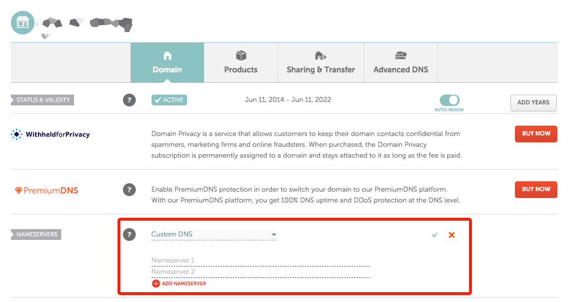 Namecheap domain management showing Custom DNS nameserver configuration